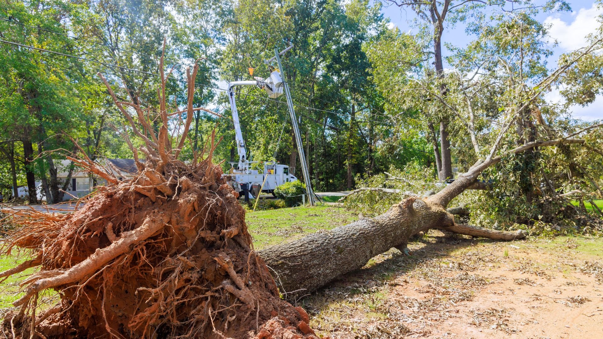 Large uprooted tree with exposed roots after storm, utility truck in background